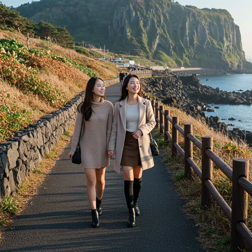 가을 제주도 해변가를 걷고 있는 두 여성